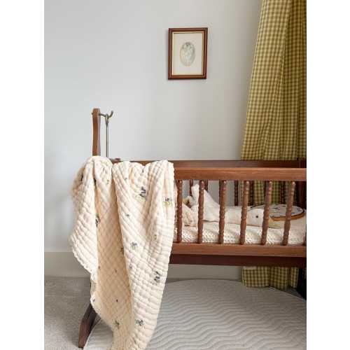 Organic Cotton Muslin Baby Blanket: Blueberry Print, Lace Trim