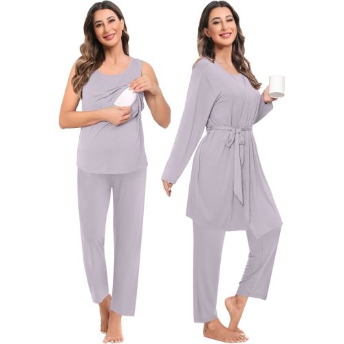 SWOMOG Maternity Nursing Robe Set 3 PCS Women Postpartum Pajamas Breastfeeding Labor Delivery Hospital Pregnancy Pjs