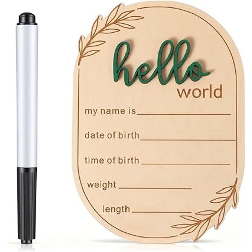 Baby Announcement Sign, 5.9x4.1 Inch Wooden Hello World Newborn Sign with Pen Baby Name Signs Birth Announcement Plaque for Home Hospital Nursery Decoration (Green)