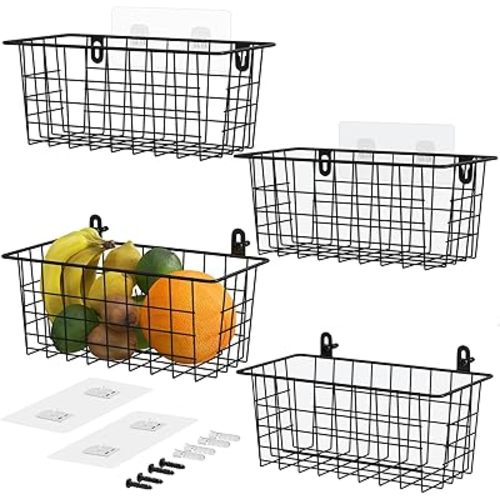 MaraFansie Hanging Kitchen Baskets Wire Storage Basket Adhesive and Screws Basket Over the Cabinet Door Organizer with Adhesive Strips and Screws Accessories, 2 Installations, 4 Pack, Black
