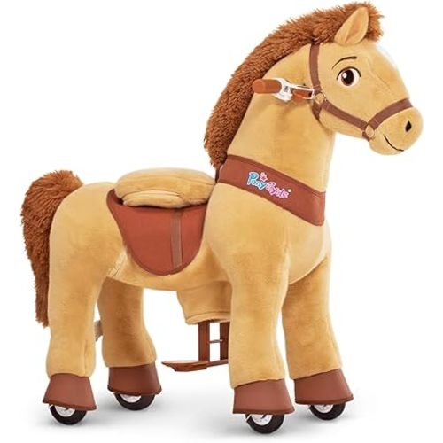 PonyCycle Kids Ride on Horse Toys Plush Interactive Riding Horse Ride for Toddlers 3-5 Walking Rocking Horse with Wheels, No Battery or Electricity, Giddy up Riding Toys Light Brown E336
