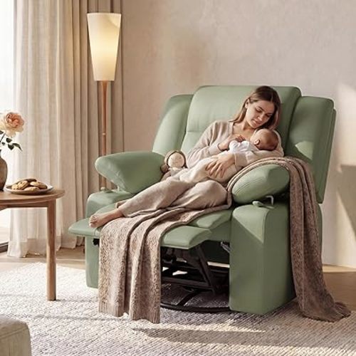 Nursery Glider Recliner Chair with Adjustable Armrests, Swivel Rocking Recliner for Breastfeeding Moms, 360° Swivel, 30° Rocking, 90°-160° Recline, Easy-Clean Nursery Chair(Green)