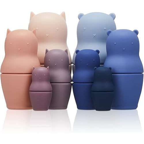 Chivao 8 Pieces Russian Nesting Dolls Silicone Matryoshka Doll Educational Stacking Nesting Dolls for Toddlers Vivid Food Grade Baby Teether for Kids(Cat, Bear)