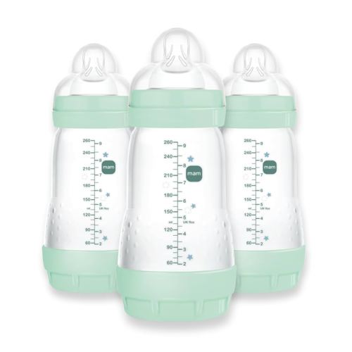MAM 9oz Easy Start Anti-Colic Baby Bottles, Medium Flow, Breastfeeding-Like Silicone Nipple, Reduces Colic, Gas, & Reflux, Easy-to-Clean, BPA-Free, Baby Bottles for Newborns, 2+ Months