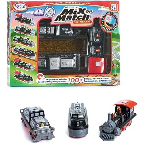 Popular Playthings Magnetic Vehicles for Toddlers 1-3, Mix or Match Car Toys, Set of 3 Gift for Kids - Train