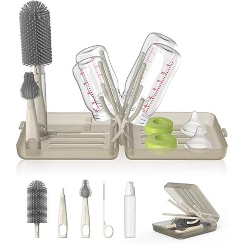 YOTIME Travel Bottle Brush Set, Auto-Open Rack & Vertical Brushs Drying Slots, 3 Brushes, Foldable Drying Rack, Dispenser, Travel Baby Essentials for On-The-Go Parents, Coffee