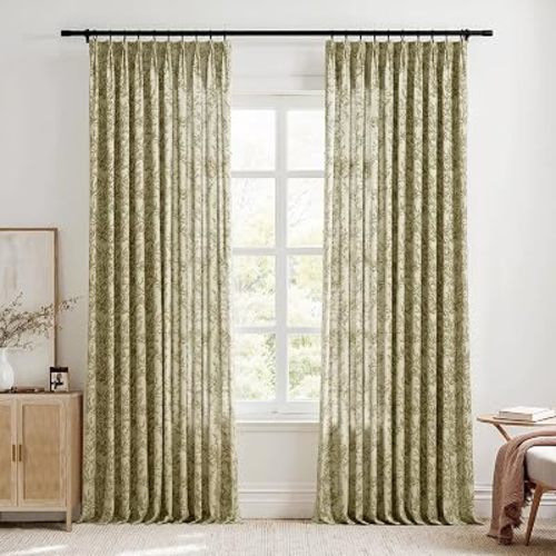 TWOPAGES Pinch Pleat Floral Curtain 96 Inch Long Light Filtering Privacy Drape Linen Textured Printed Curtain for Kitchen Bathroom (Travertine, 26W x 96L Inches, 1 Panel)