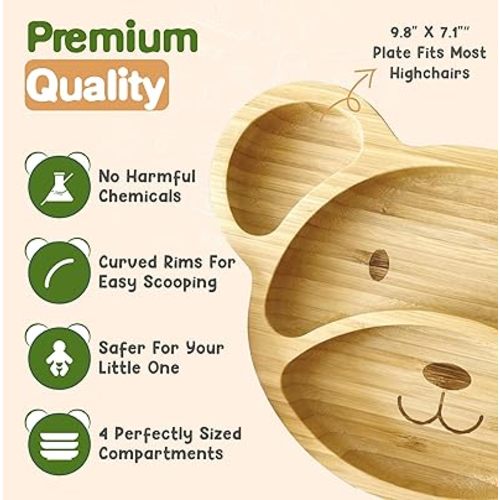 Bamboo Plates For Kids - Baby and Toddler Bamboo Suction Plate for Babies Feeding and Weaning, Promotes Self-Feeding with Eco-Friendly Sturdy Bear Design, Suction Plates for Busy Moms & Dads, Blue