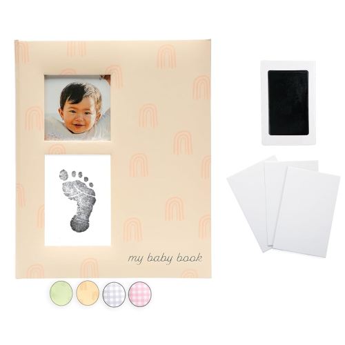 Pearhead Baby Memory Book and Clean-Touch Ink Pad, Baby Girl or Baby Boy Journal, Baby Milestone Photo Album, Blush Rainbow