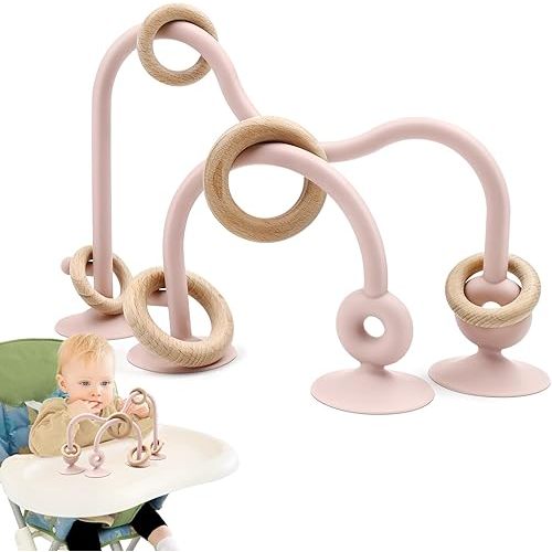 Baby Sensory Teething Chew High Chair Suction Toys for Infant Toddlers 6 12 18 24 Months Gifts, Food Grade Silicone Teether with Oak Loop Montessori Educational Baby Bath Toy (Pink)