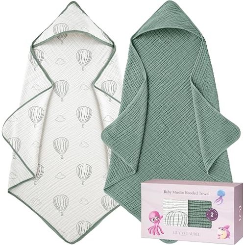 Muslin Hooded Baby Towels for Newborns, 32"x32", 100% Cotton – 6 Layers Super Soft Absorbent Breathable, Baby Bath Towel, Toddler Bath Towel – Pack of 2