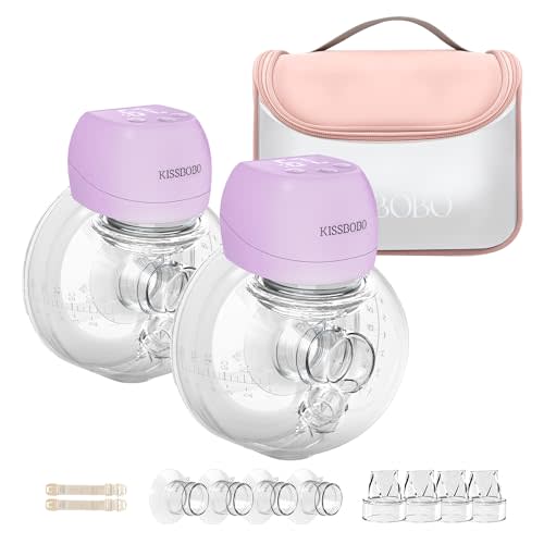 KISSBOBO ABP-1508 Hands Free Breast Pump Wearable with Storage Bag, Wearable Breastfeeding Pump Strong Suction, Low Noise, 3 Modes 9 Levels, with 21/24mm Insert/Flange, 2 Pack (Purple)