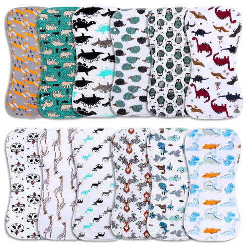 12-Pack 2-in-1 Baby Bibs & Burp Cloths Set, 3-Layer Design, Large Size, Super Absorbent, 100% Organic Cotton, Soft & Comfortable