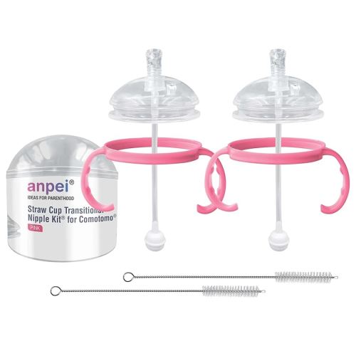 Straw Transition Cup Kit for Comotomo Baby Bottles | Conversion Kit Fits 5 Ounce and 8 Ounce Bottles | Soft, Silicone Straw Top Bottle Nipple & Weighted Straw to Help Baby | 2 Pack (Pink) + Brushes