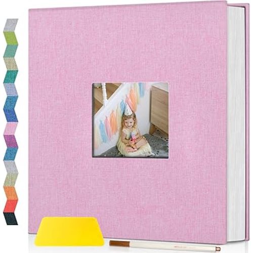 Popotop Photo Album Self Adhesive with Picture Display Window,60 Pages DIY Scrapbook Album for 4x6 10x12 Picture,Linen Cover Memory Book for Baby Wedding, with Scraper and Metallic Pen