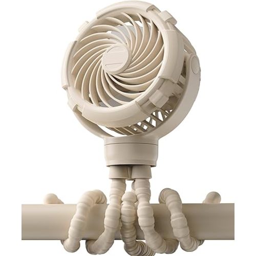 Stroller Fan, Rechargeable with TYPE-C Port, 4000mAh, 360° Rotatable, 3-Speed, Flexible Tripod, Clip Anywhere for Baby's Comfort - Durable and Easy to Clean,Beige
