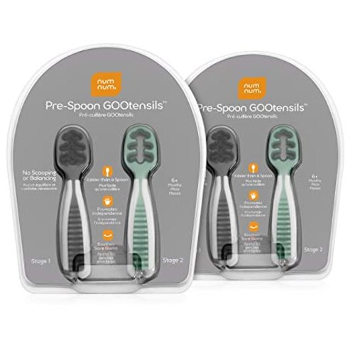 NumNum Pre-Spoon GOOtensils | Baby Spoon Set (Stage 1 + Stage 2) | BPA Free Silicone Self Feeding Toddler Utensils | For Kids Ages 6 Months+, 2-Pack (Four Spoons), Storm Gray/Glacier Green - 2 Pack (Four Spoons)