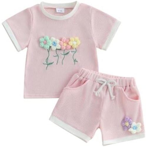 Toddler Baby Girl Summer Clothes Waffle 3D Floral Short Sleeve Tops Elastic Waist Shorts Cute Infant Outfits