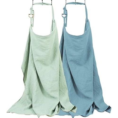Nursing Cover, Muslin Nursing Cover up for Breastfeeding, Soft & Breathable 100% Cotton with Adjustable Neck Strap, Multi-Use Nursing Apron & Baby Essentials, 2 Pack (Grass Green and Blue)