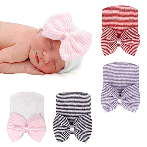 DRESHOW BQUBO 4 Pack Newborn Hospital Hat Infant Baby Hat Cap with Big Bow Soft Cute Knot Nursery Beanie