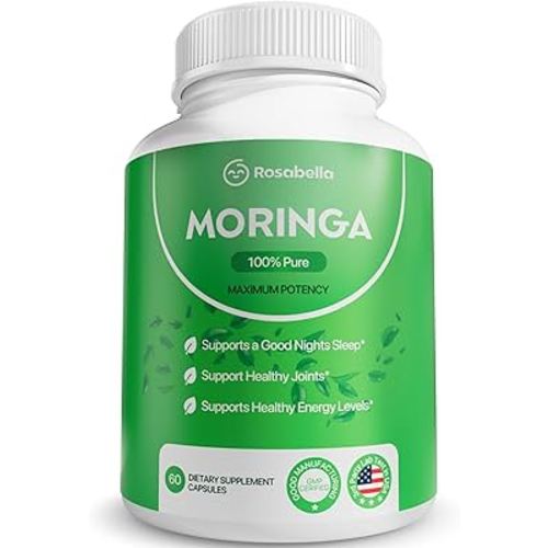 Rosabella Moringa Capsules - Pure Moringa Powder, Energy, Skin, Immune & Gut Health Superfood, Rich in Antioxidants, Essential Vitamins & Amino Acids, Natural Green Superfood Supplement - 60 Count