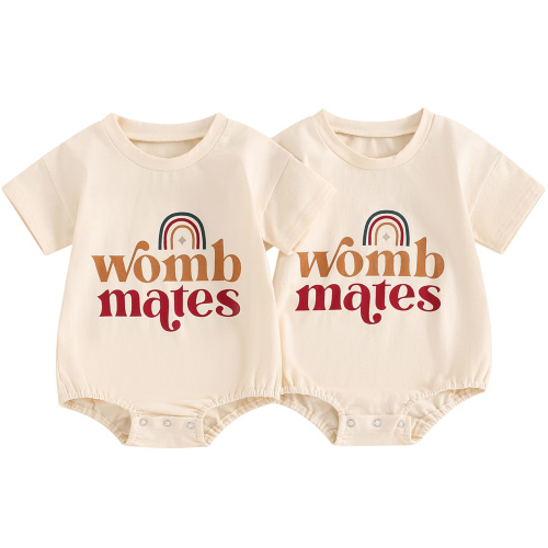 2PCS Pack Baby Girl Boys Twin Outfits Short Sleeve Letter Rainbow Print Romper Summer Clothes
