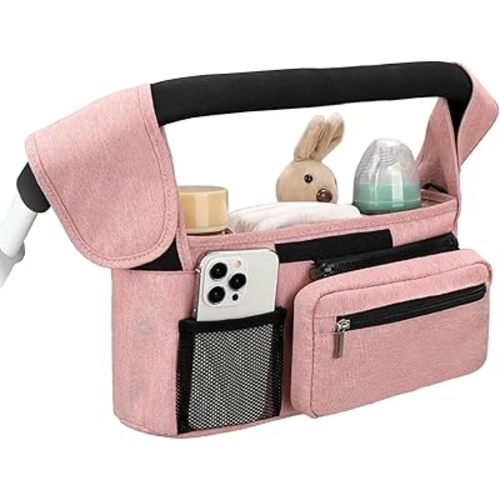Stroller Organizer with Insulated Cup Holders - Universal Pink Baby Stroller Bag Caddy with Detachable Phone Pocket, Diaper Storage, Adjustable Straps for Uppababy, Doona, Baby Jogger, Britax