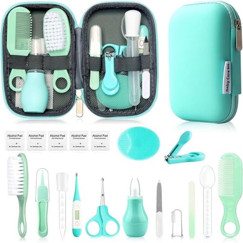 Baby Grooming Kit, Infant Safety Care Set with Hair Brush Comb Nail Clipper Nasal Aspirator,Baby Essentials Kit for Newborn Girls Boys (Green)