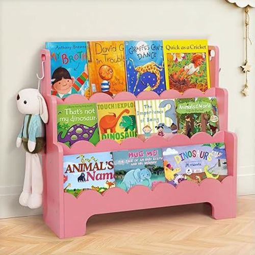 Kids Bookshelf Wooden 3-Tier, Scalloped Book Shelf for Kids Rooms, Front Facing Toddler Montessori Bookshelf, Baby Nursery Book Shelves Kid Classroom Book Shelf Bookcase
