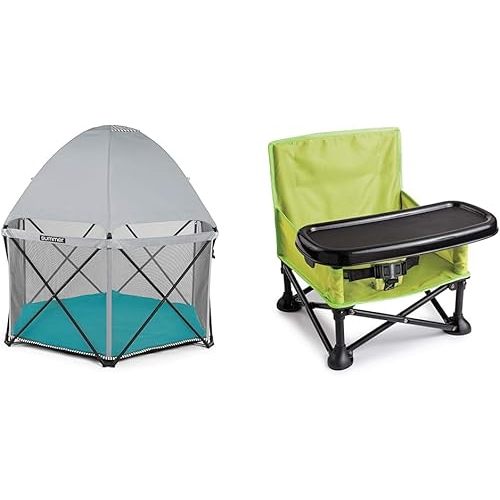 Summer Infant Pop 'N Play Hex Playard, Sweet Life Aqua Sugar - with Pop 'N Sit Portable Booster, Green