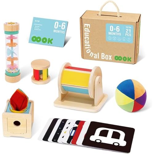 TOOKYLAND Montessori Toys for Babies 0-6 Months, 6 in 1 Learning Educational Set Newborn Toys Including Sensory Ball, Rain Stick, Baby Roller, Spinning Drum, Black and White Cards, Tissue Box.