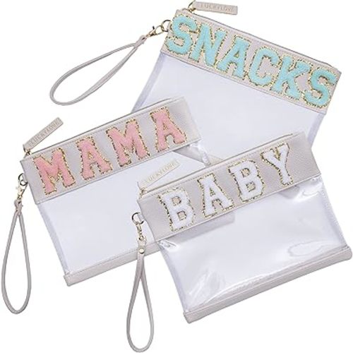 Lucky Love Diaper Bag Organizing Pouches | Set of 3 Including Diaper Clutch | Dry Wet Bag (Chenille Letter Pouches)