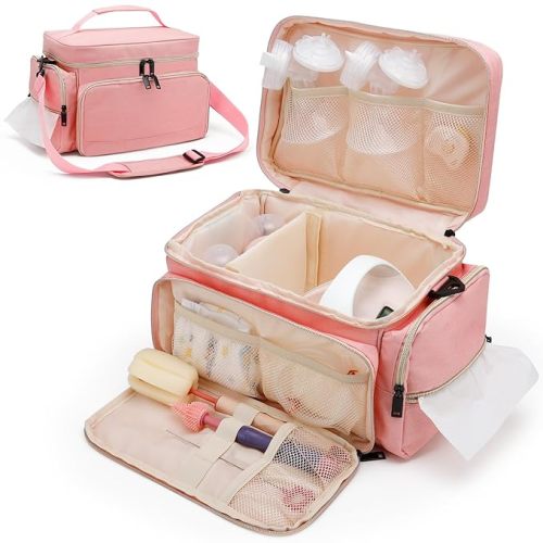 Breast Pump Bag Fit for Spectra S1 and S2, Pumping Bag with Waterproof Mat for Pump Accessories, Portable Pump Carrying Case for Work, Travel and Family Use, Pink