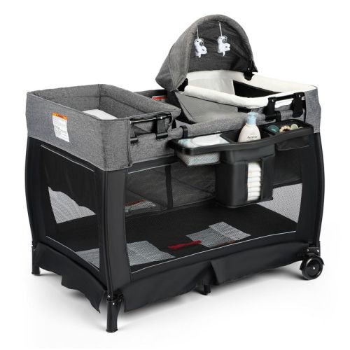 Kinder King 4-in-1 Convertible Baby Playard with Bassinet, Diaper Changer, Cradle&Bedside Sleeper, Breathable Mesh, Storage Organizer&Lockable Wheels