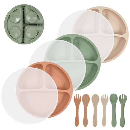 Sibosen 3 Pack Toddler Plates - Divided Suction Plates with Lids, 100% Silicone, Non-Slip, Microwave & Dishwasher Safe