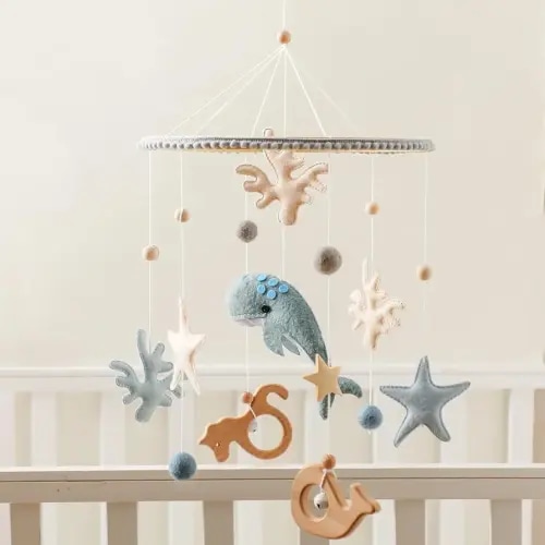 IEATFO Baby Mobile for Crib丨Baby Nursery Mobiles丨Handmade Felt Ocean Animal Mobile for Crib Baby Boys and Girls丨Woodland Nursery Decor for Infant Bedroom Hanging丨 Gender Neutral Baby Stuff(Ocean)