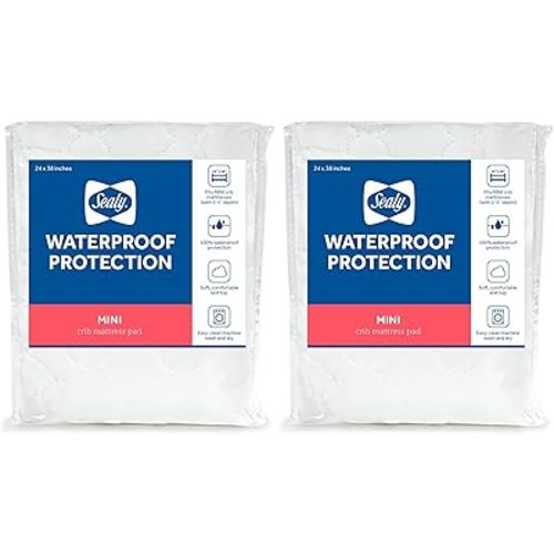 Sealy Baby Mini Fitted Waterproof Infant Portable Crib Mattress Protector Pad Cover, Durable and Comfortable Topper for Newborns and Toddlers, Machine Washable and Dryer Friendly, 38” x 24”- White
