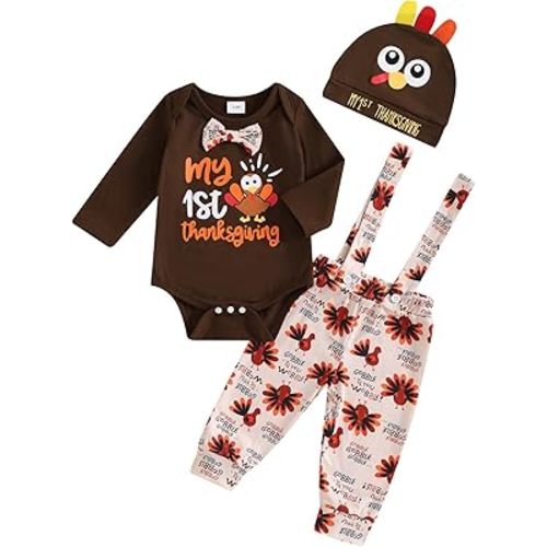 Newborn Baby Boy Halloween Thanksgiving Christmas Outfit Long Sleeve Romper Suspender Pants Fall Winter Clothes