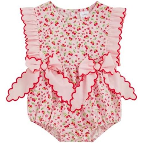 Newborn Baby Girl Summer Romper Cherry Blossom Ruffle Sleeveless Bow Rickrack Trim Bubble Bodysuit Linen Overalls