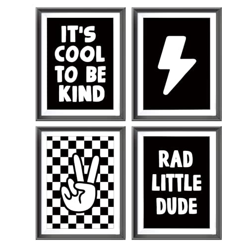 Retro Black White Checkered Preppy Lightning Peace Hand Sign Poster Prints for Boy Room Dorm Decor,Rad Little Dude Funny Decorations Prints Wall Art Unframed 4pcs 12x16inches,Teen Boys Gifts