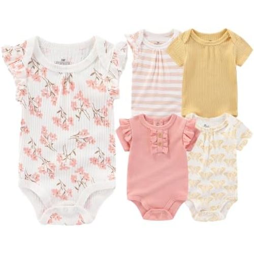 Baby Boy Girl Short Sleeve Bodysuits Infants Outfit New Born Unisex-Baby 100% Cotton Romper 5-Pack 0-12 Month