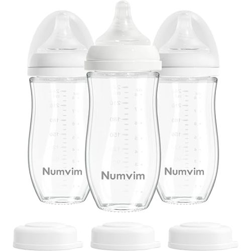 Glass Nurturing Baby Bottles for Breastfeeding Babies, Baby Essentials, Gentle Medium Flow, Wide Neck Bottle with Anti Colic Nipple for 3 Months Babies, 3 Packs (White, 8oz)