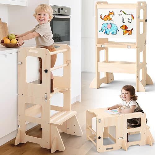 Taburete de cocina 4 en 1, torre plegable de aprendizaje con pizarra blanca, taburete de cocina de madera para niños, regalos para niños de 1 a 3 años
