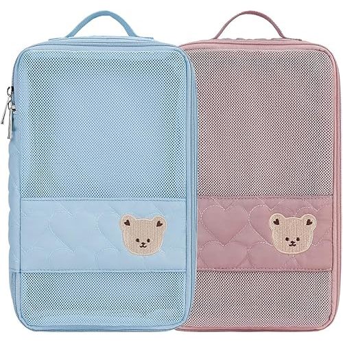 Baby Diaper Bag Organizer Pouches - 2 Pack Waterproof Pod Hanging Diaper Bag Cute Bear Mesh Bag Reusable, Washable or Baby Cloth Diapers (Pink&Blue)