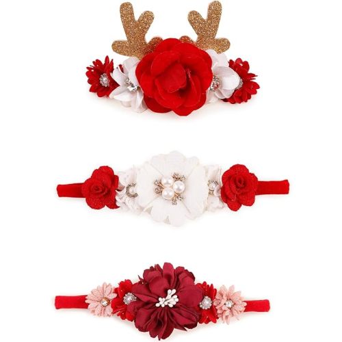 OOSAKU Baby Girl Flower Christmas Headbands Set Elastic Floral Headbands Soft Nylon Hair Band for Newborn Toddler Hair Accessories (ATD-Christmas01)
