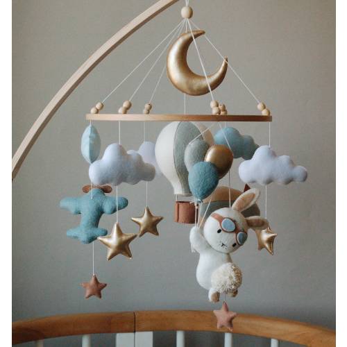 Bunny Pilot Baby Mobile | air ballon, gold stars, plane ,nursery, crib, moon, hanging mobile, clouds, baby shower