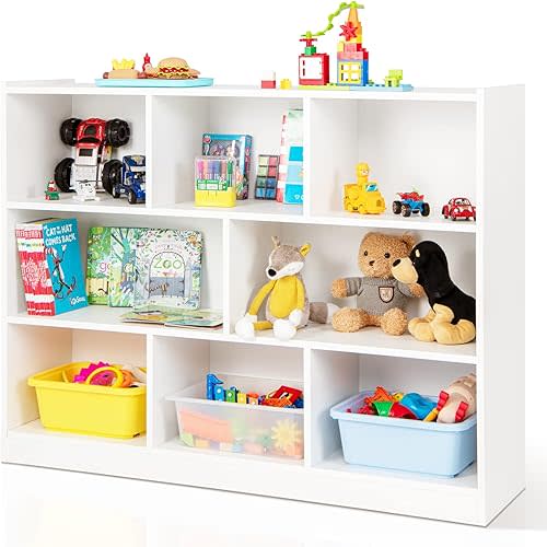 Costzon Kids Toy Organizers and Storage, Wooden 3 Tier Bookshelf with 8 Compartment Cubes to Organize Books, Toys, Home Furniture for Toddlers Playroom, Bedroom, Living Room, Nursery (White)