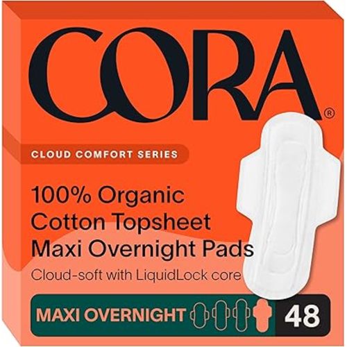 Cora 100% Organic Cotton Topsheet Maxi Pads | Maxi Period Pads with Wings | Maxi Overnight Absorbency | Unscented, Comfortable, Powerfully Absorbent, Leak Protection (48 Count)