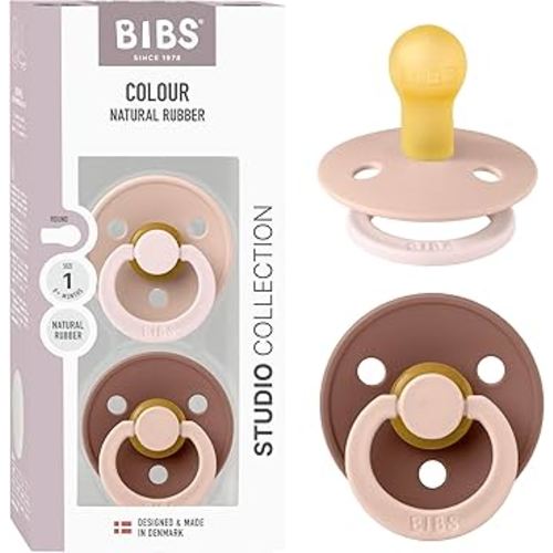BIBS Colour Studio Pacifier 2-Pack, BPA Free, Round Nipple. Natural Rubber Latex, Made in Denmark, Size 1 (0-6 Months) - Blush/Woodchuck