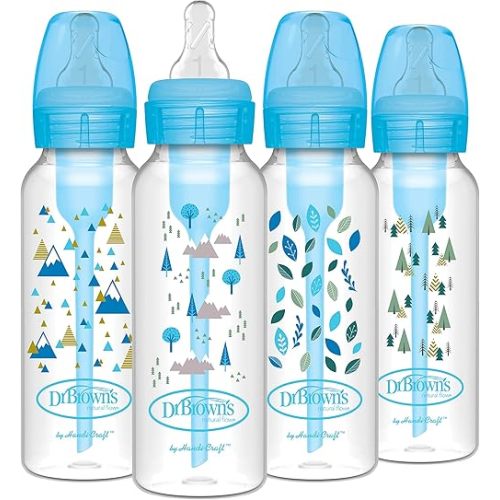 Dr. Brown's Natural Flow Anti-Colic Options+ Narrow Baby Bottle, Blue Nature, 8 oz/250 mL, with Level 1 Slow Flow Nipples, 0m+, 4 count (Pack of 1)